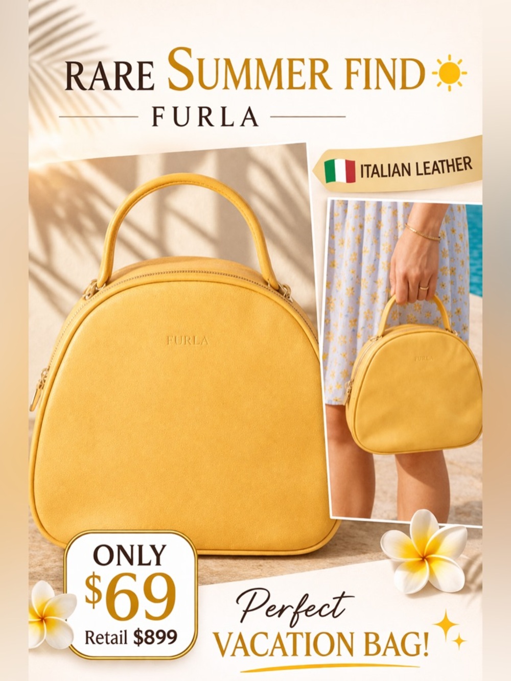 Furla Mini Top Handle Bag Yellow Leather Dome‎ Handbag Italian Designer